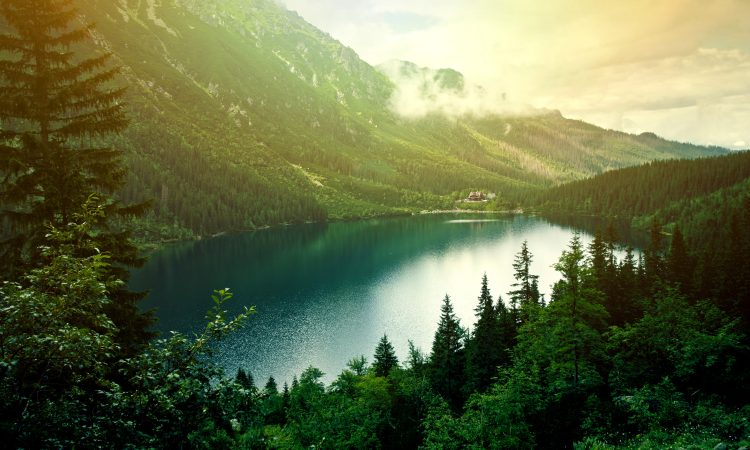 Lake in mountains. Fantasy and colorfull nature landscape. Morskie Oko lake.