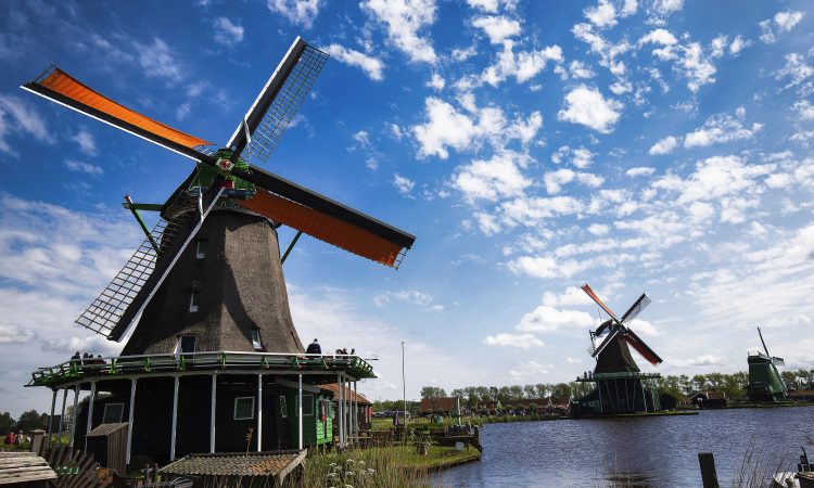 A low angle shot of windmills in Zaanse Schans neighborhood near the lake in the Netherlands