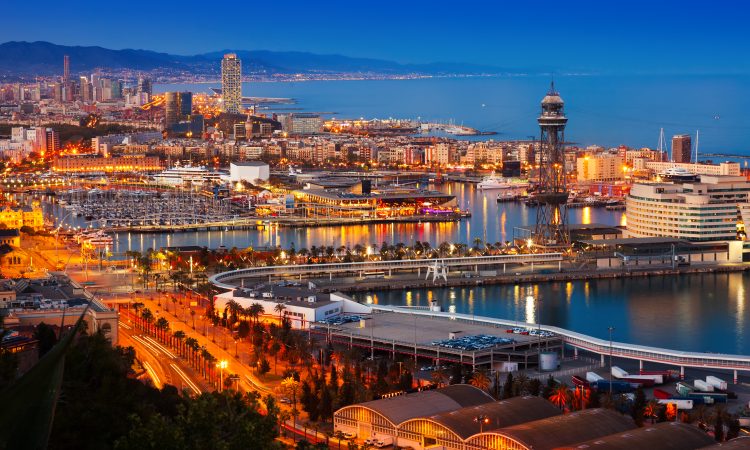 Top view of Port in Barcelona during evening. Spain