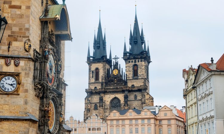 View of the Church of Our Lady before Tyn in Prague, Czech Republic. Other classic buildings around