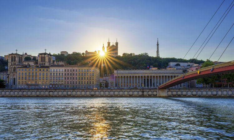 View of Lyon at sunset, France, Europe