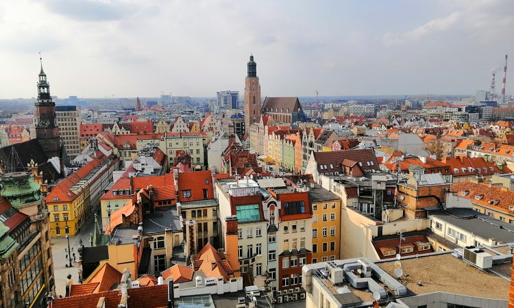 A beautiful aerial shot of Wroclaw city, Poland under the cloudy sky